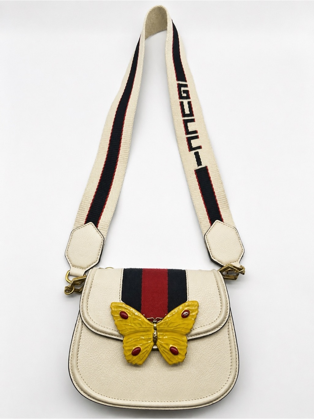 Gucci Butterfly Leather Crossbody Bag Ivory Web Stripe Logo Strap